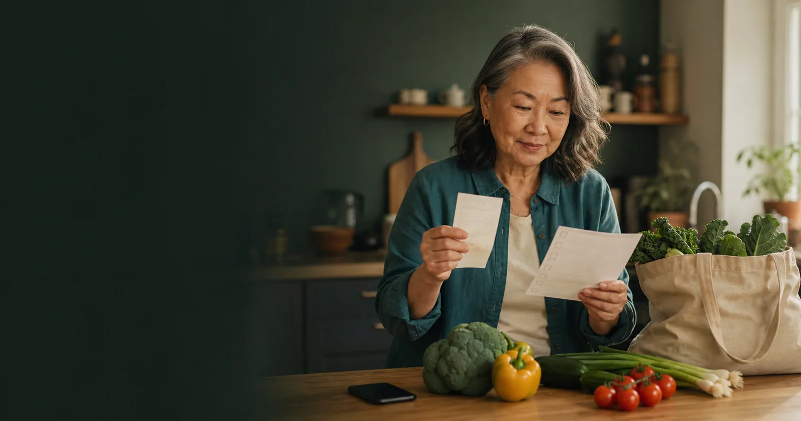 An older woman reviewing a grocery receipt and savings checklist at home